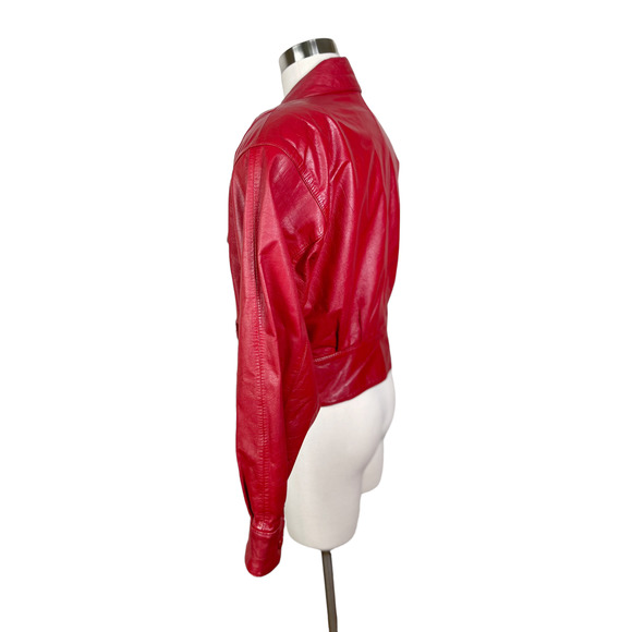 Vintage 1980's Red Leather Cropped Pelle Cuir Moto Jacket - Lined - Size M - Picture 5 of 10
